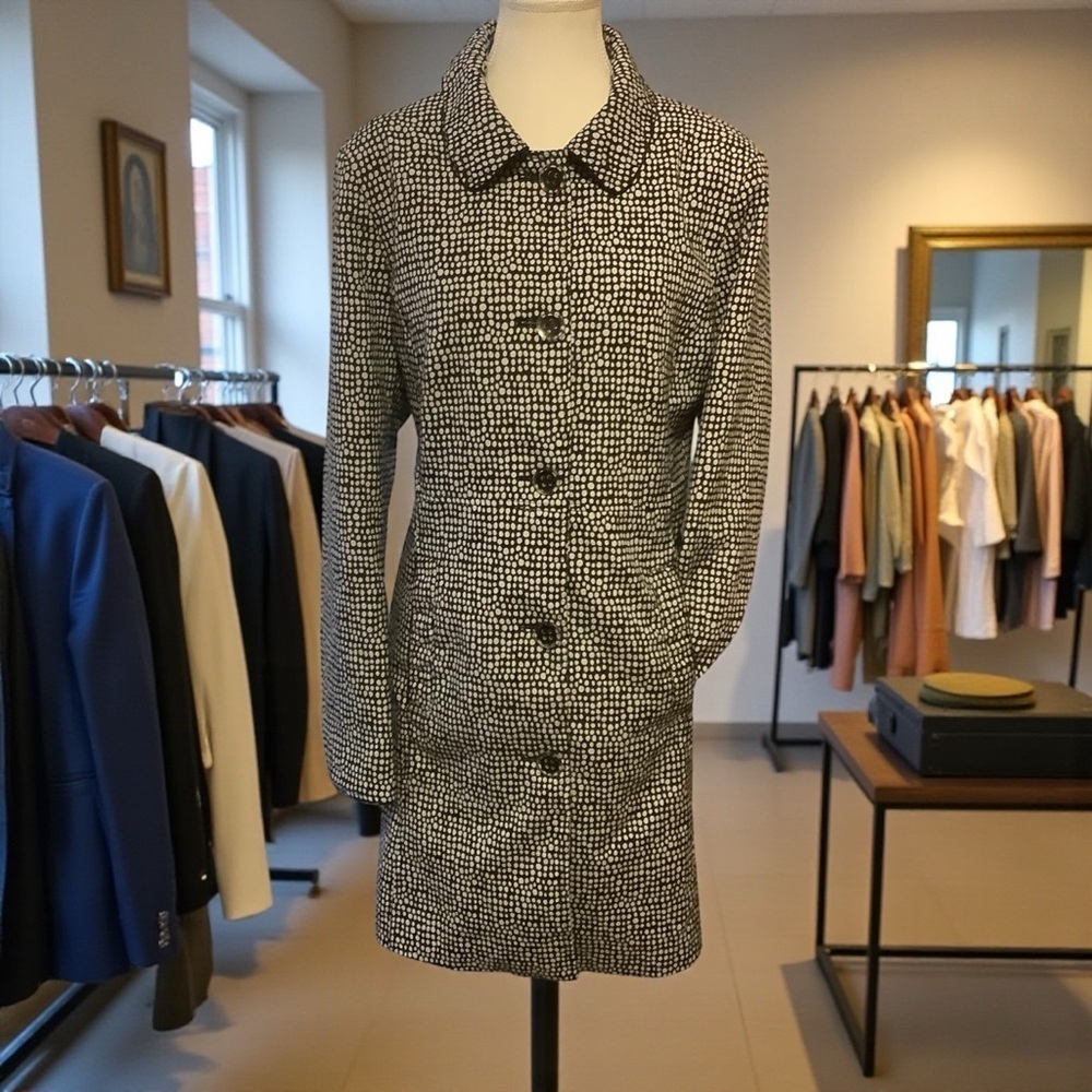 NOVELTI BLACK & WHITE DOTTED PATTERN COLLARED BUTTON-UP JACKET/ Size L